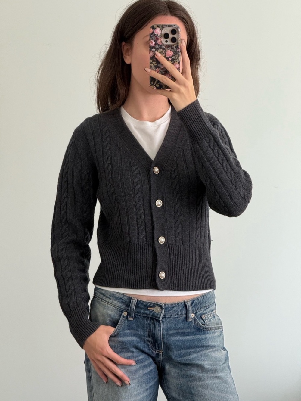Sandro Grey Wool Cable Knit V-Neck Cardigan